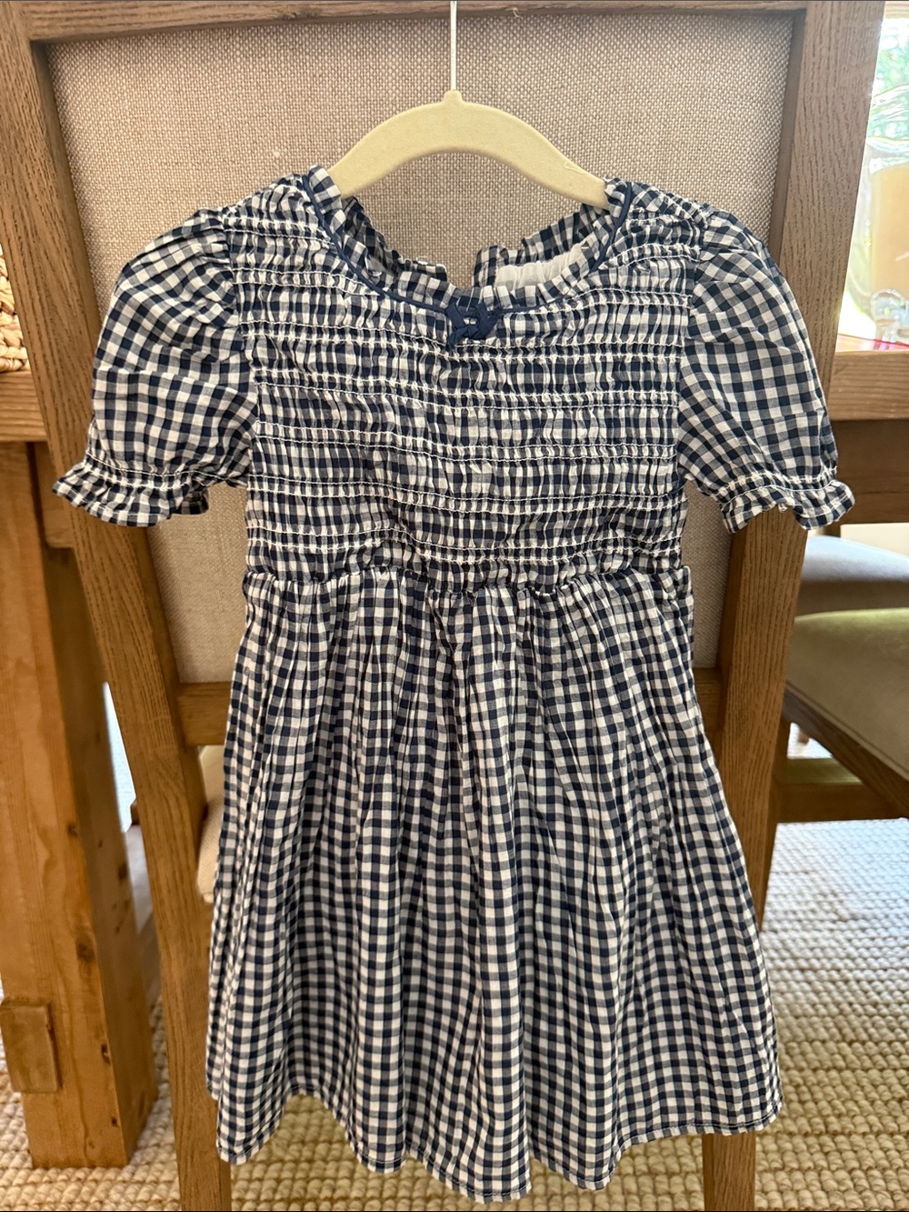 Smocked Gingham Casual Dress for Girls in Navy & White